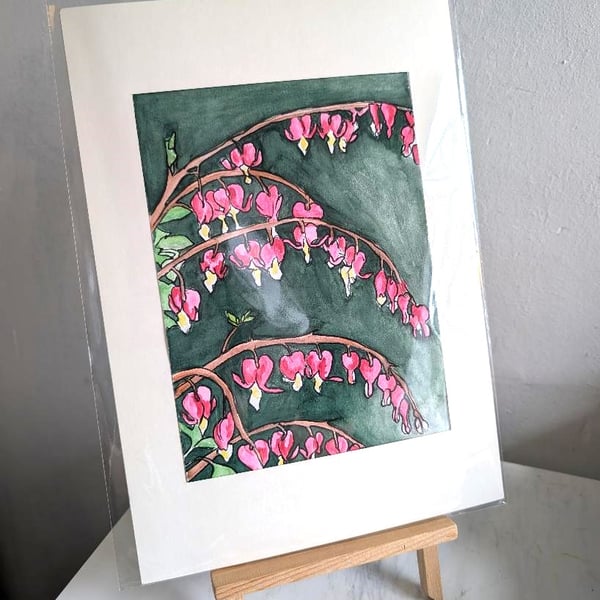 Original Bleeding Heart Watercolour, A5 Original Botanical Art with Mount