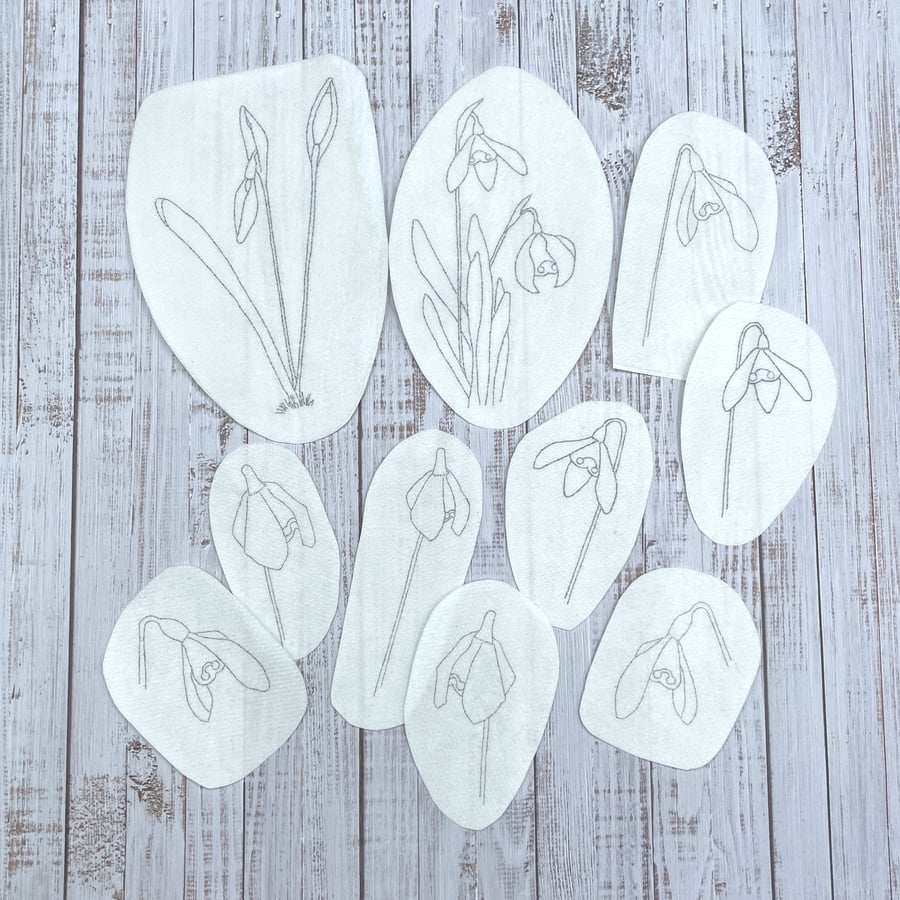 Snowdrop embroidery designs. Hand drawn stick and stitch patches.