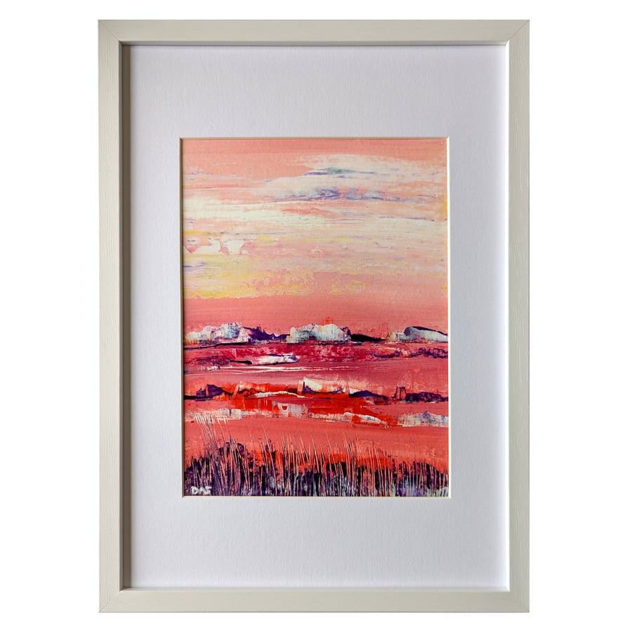 'Distant Mountains' Vividly Coloured Original A4 Framed Painting