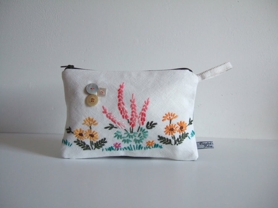 Zip-up make up bag, purse, or cosmetics bag with vintage floral embroidery