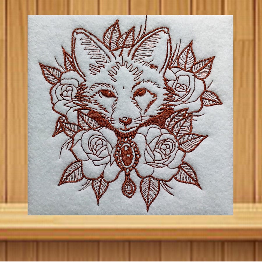 Fox and Flowers Embroidered Birthday Card. Handmade  