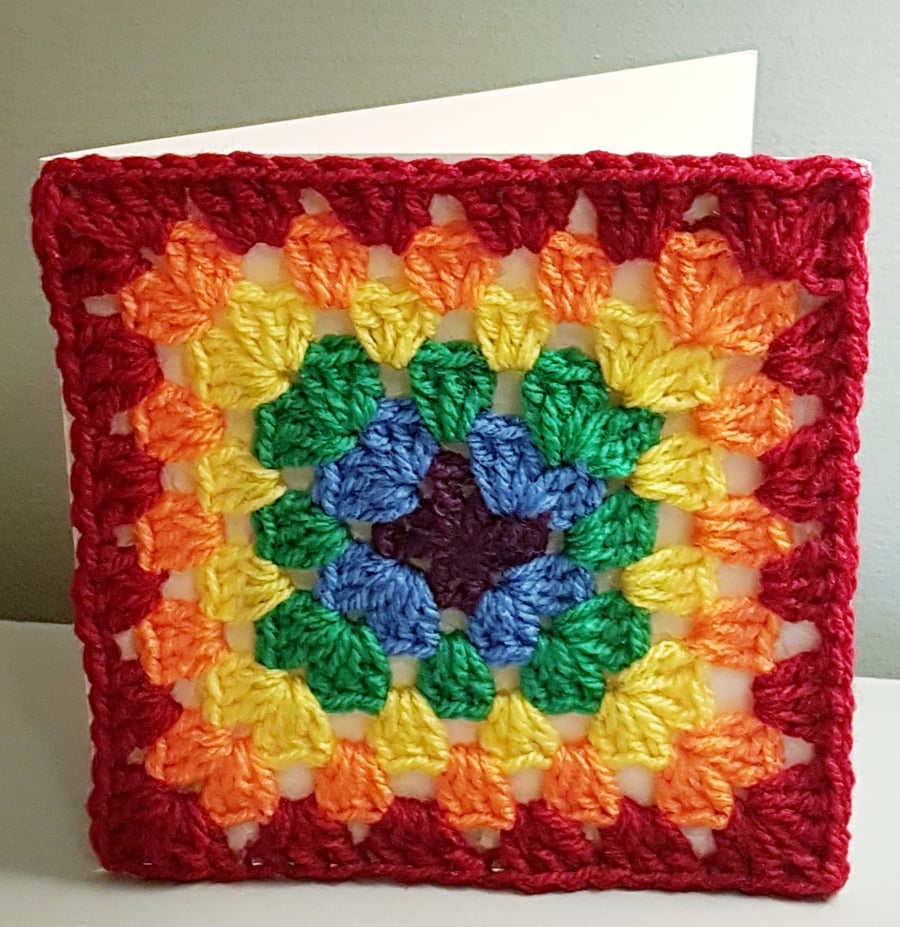 Hand crochet rainbow granny square card