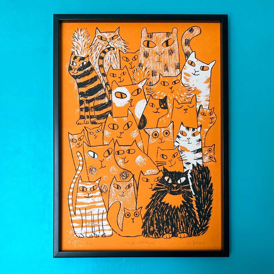 Cats Eyes ORANGE paper screen print by Jo Brown