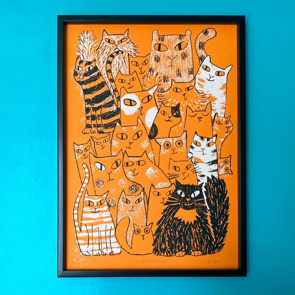 Cats Eyes ORANGE paper screen print by Jo Brown