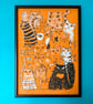 Cats Eyes ORANGE paper screen print by Jo Brown