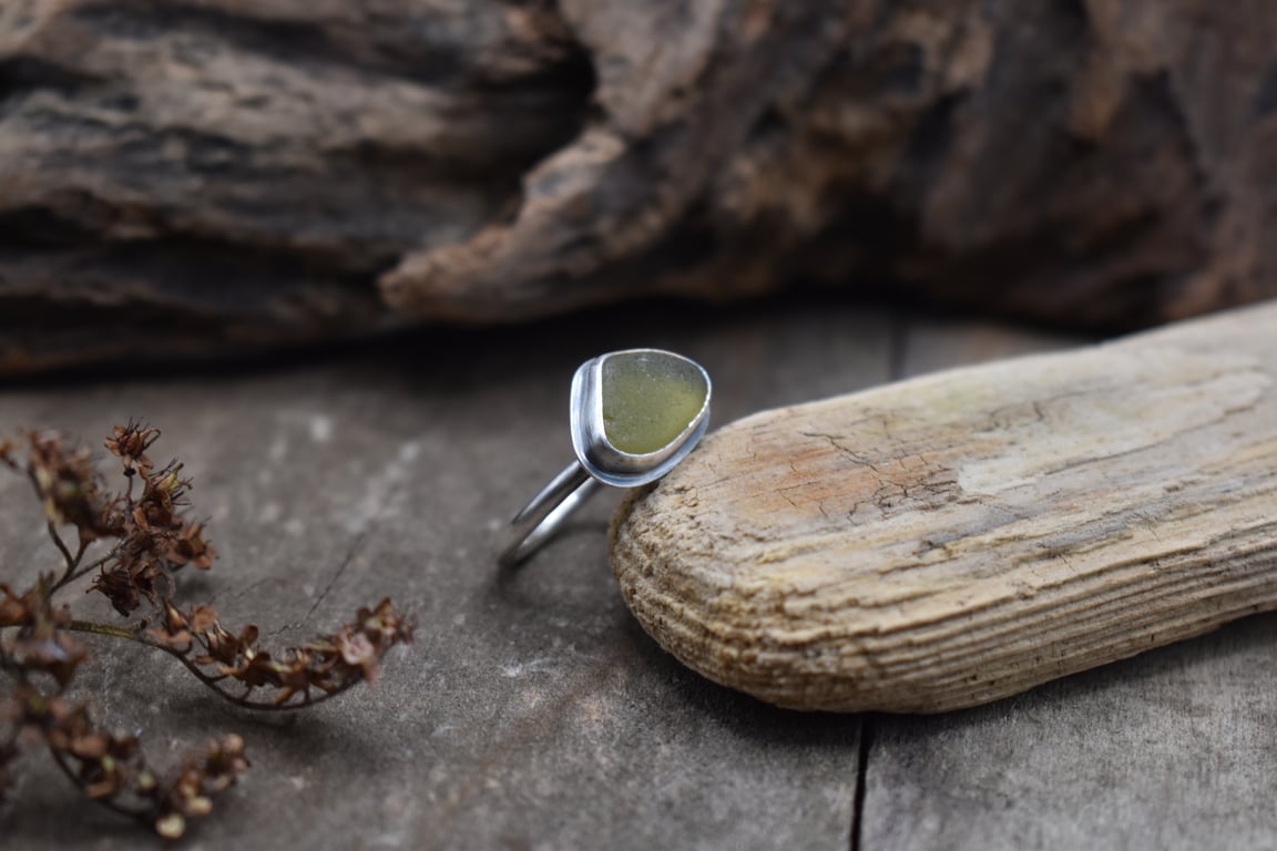 Sea Glass and Recycled Silver Ring, Size O, Rare Yellow Scottish Sea Glass