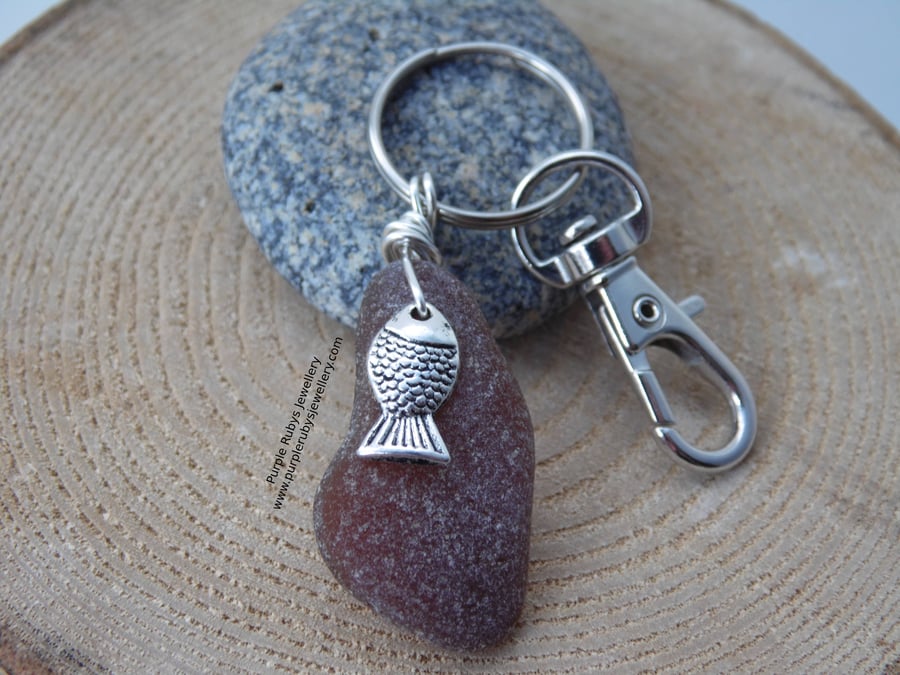 Amber Cornish Sea Glass with Fish Charm Bag Charm Keyring K379