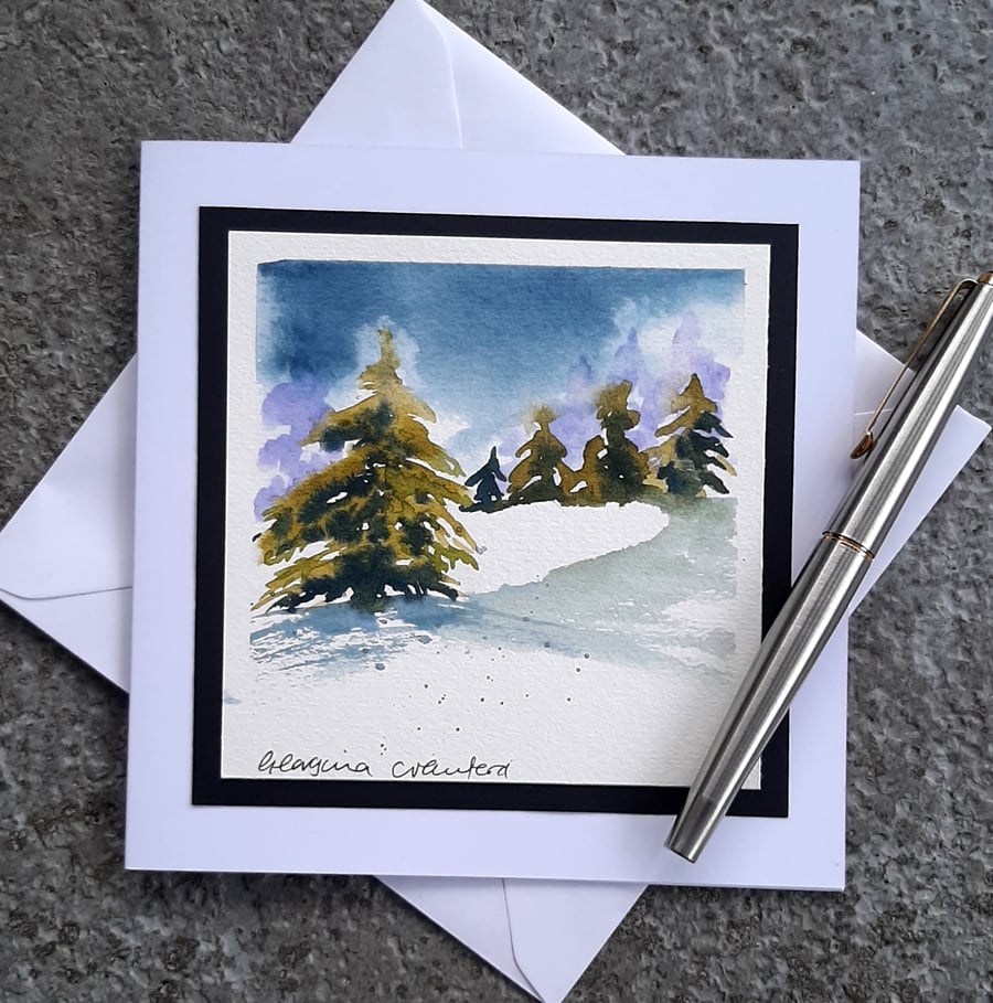 Handpainted Blank Christmas Card. Snowscene and Christmas Trees