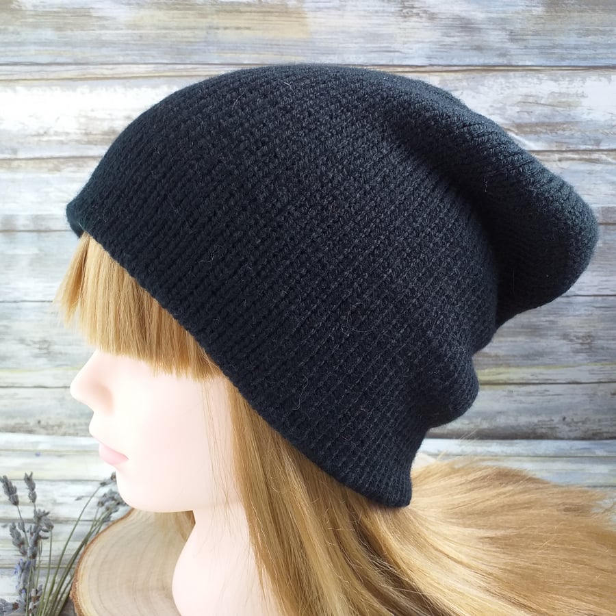 Classic Knitted Beanie, Black Slouchy Hat, Double Layered Knitted Hat