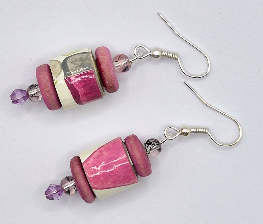 Pink paper beaded earrings made of wall paper