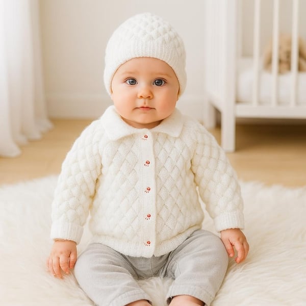 Baby cardigan and hat hand knitted in white bubble stitch  to fit 9 - 18 months 