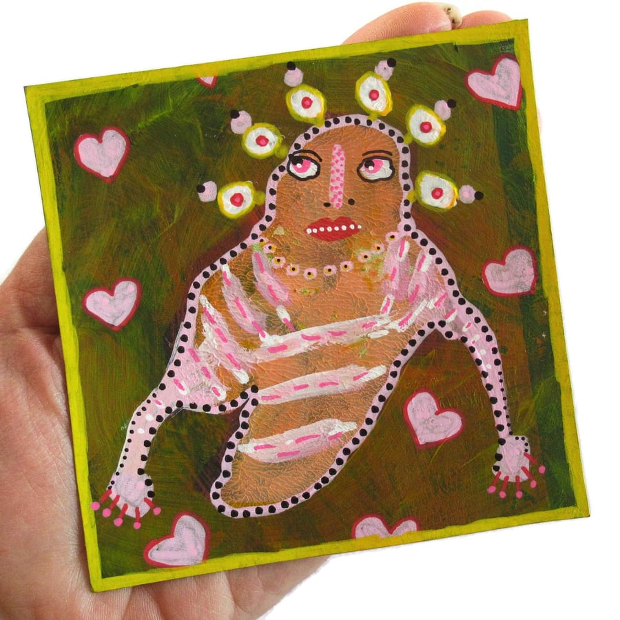 Weird Figure Artwork Cute Ugly Monster Painting 4x4" Figurative Outsider Art