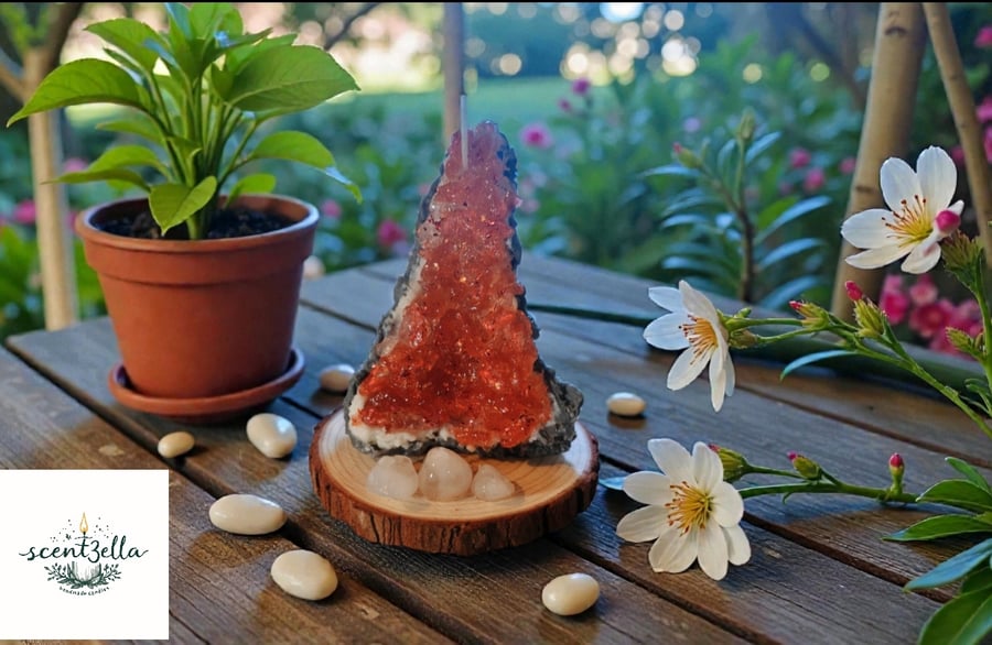 Handcrafted Red Crystal Candle with Rustic Wooden Base – Unique Home Décor