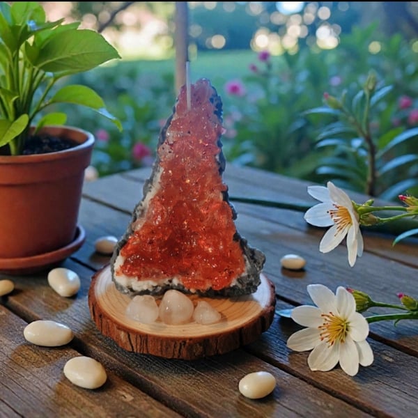 Handcrafted Red Crystal Candle with Rustic Wooden Base – Unique Home Décor