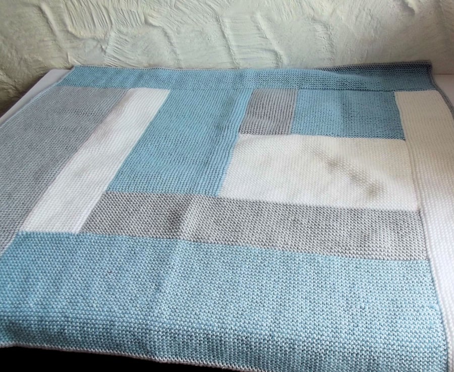 Hand knitted Log Cabin Style Cot Blanket, Blue, Grey and White, 30 x 27, hm128