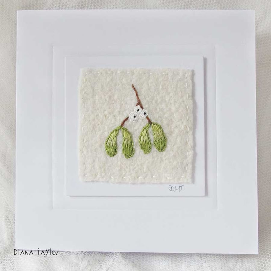 HAND EMBROIDERED MISTLETOE CARD WINTER CHRISTMAS