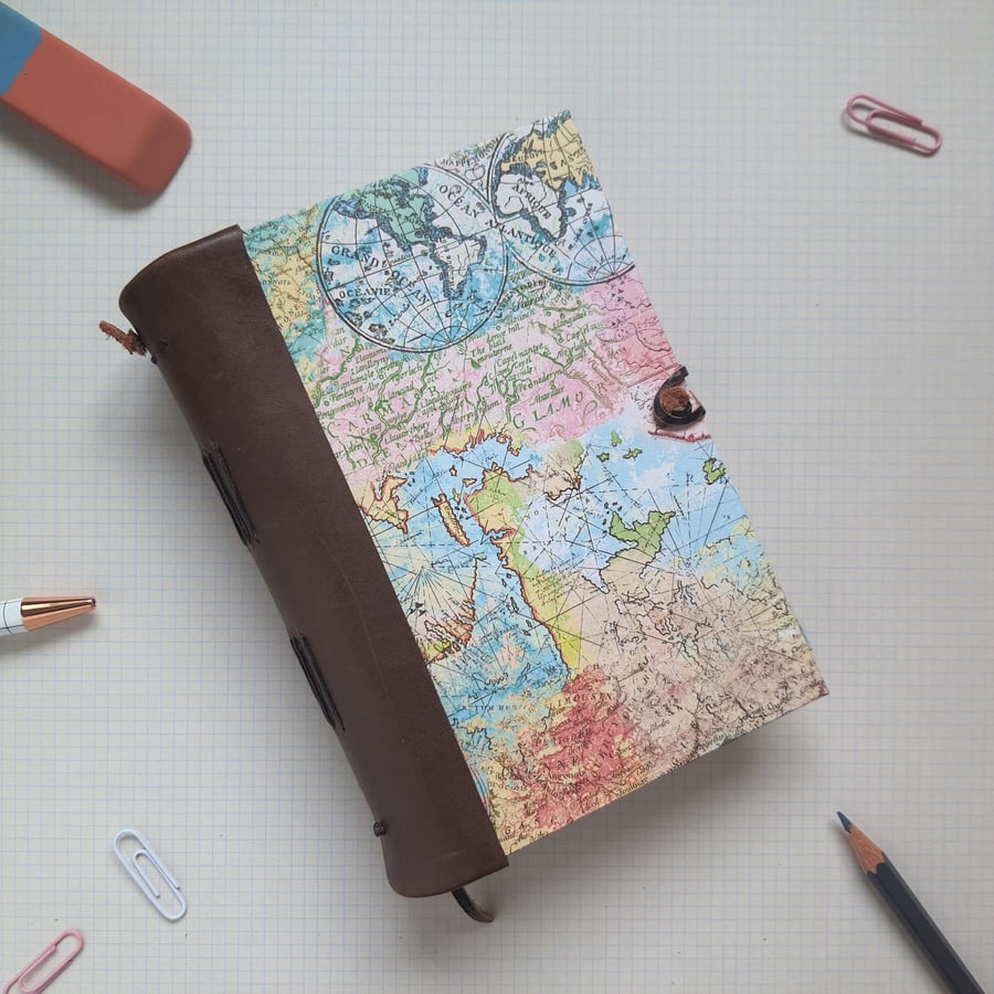 Travel notebook, A6 handmade journal, hand bound leather book, map journal