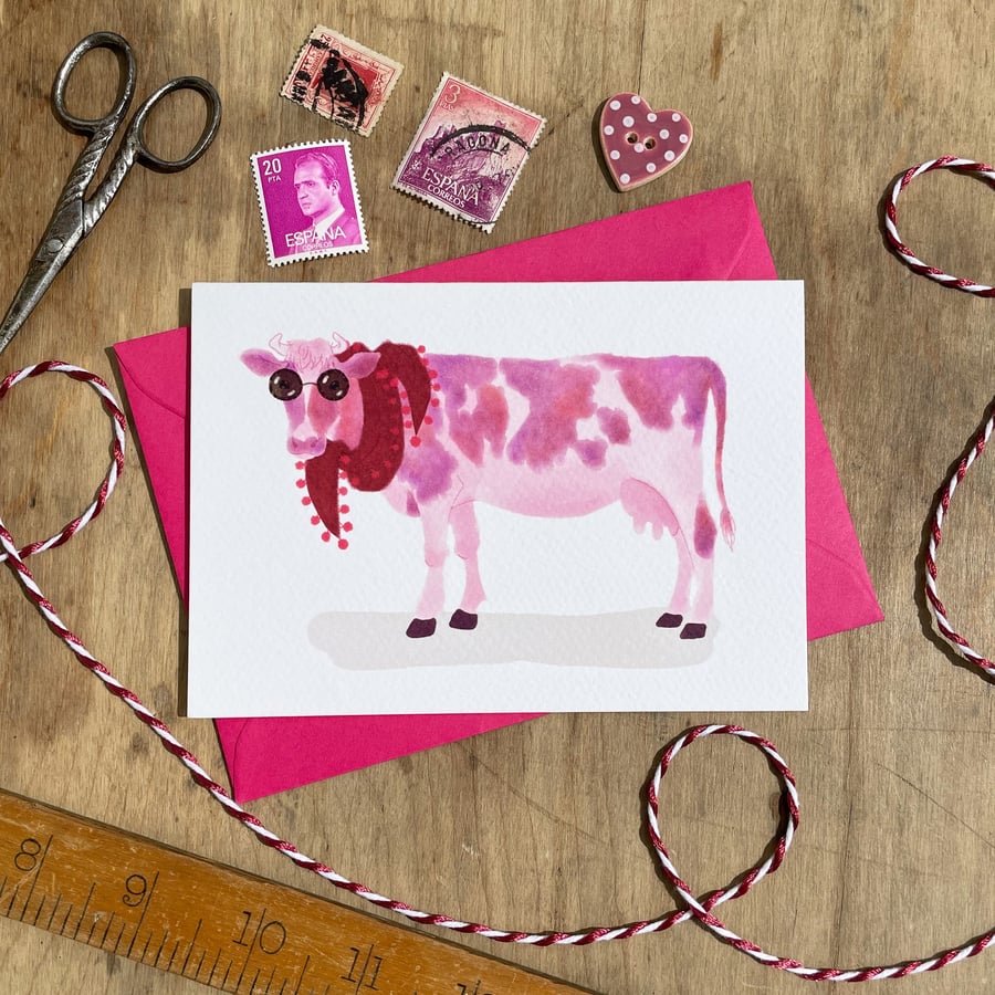 Pink Cow Illustrated Blank Greeting Card