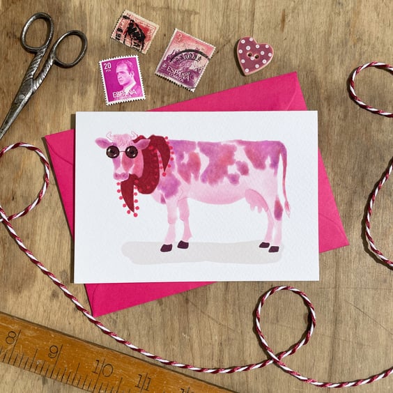Pink Cow Illustrated Blank Greeting Card