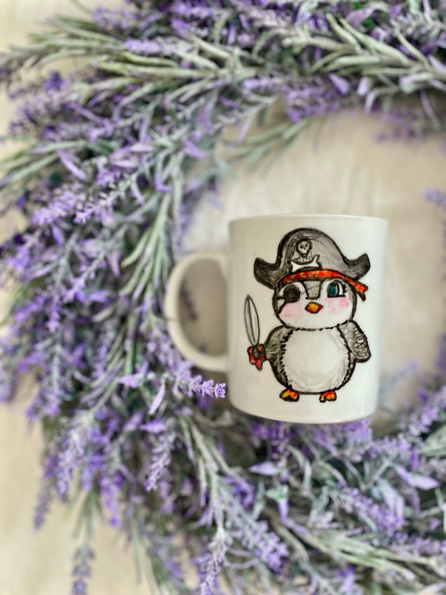 Hand-Painted Pirate Penguin Mug – 10oz Porcelain Cup – Unique Kids Gift