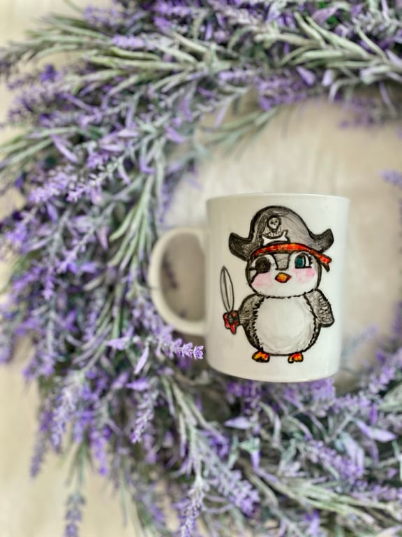 Hand-Painted Pirate Penguin Mug – 10oz Porcelain Cup – Unique Kids Gift