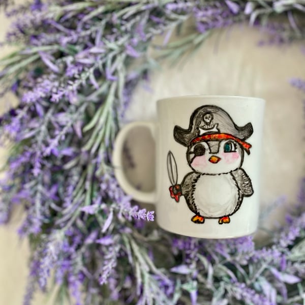 Hand-Painted Pirate Penguin Mug – 10oz Porcelain Cup – Unique Kids Gift