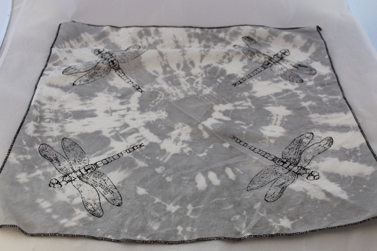 Bandanna unisex grey dragonfly print Eco,upcycled tie dye, neckerchief, gift.