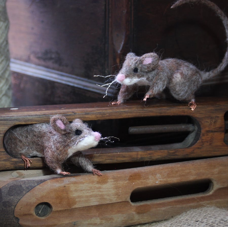 Mill Mice - needle felted mice on a vintage weaving shuttle