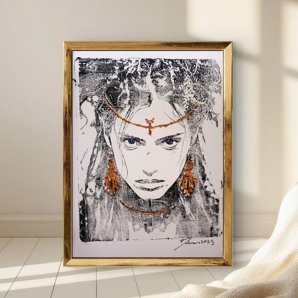 Wild beauty monoprint Handmade unique portrait 
