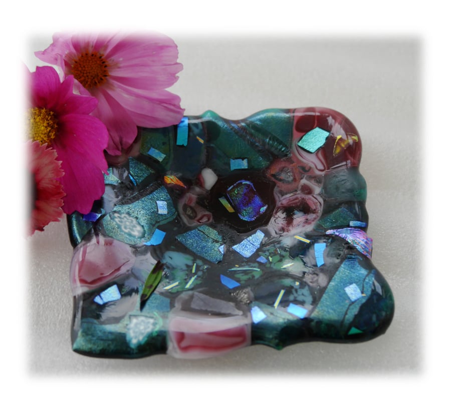 Fused Dichroic Glass Trinket Dish Aqua Pink 