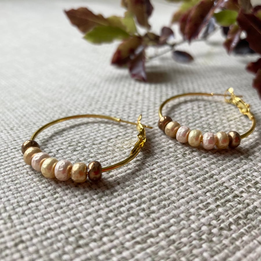 Pearlised bead hoop earrings, gold plated