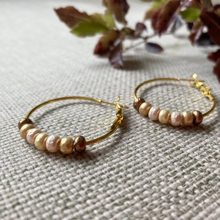 Pearlised bead hoop earrings, gold plated