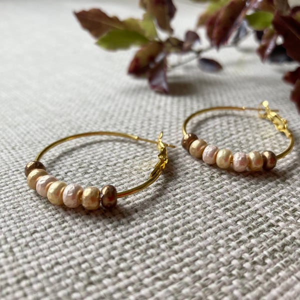 Pearlised bead hoop earrings, gold plated
