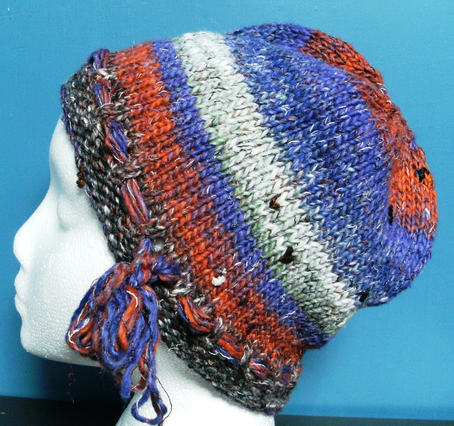 Handknit Noro cotton silk & wool hat M Purple, Rust & White