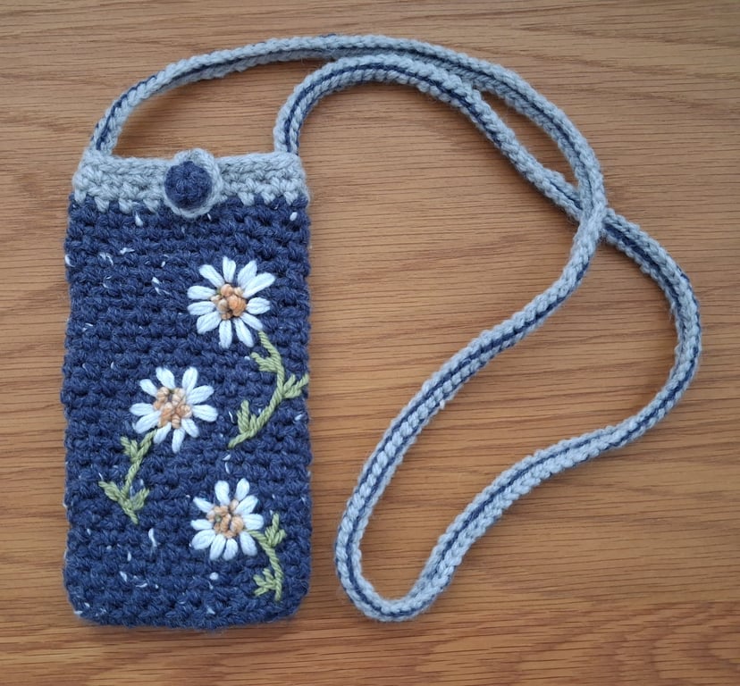 Crochet And Embroidered Phone Or Glasses Bag Pouch (J186)