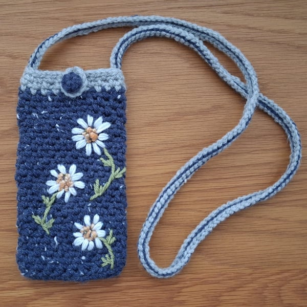 Crochet And Embroidered Phone Or Glasses Bag Pouch (J186)