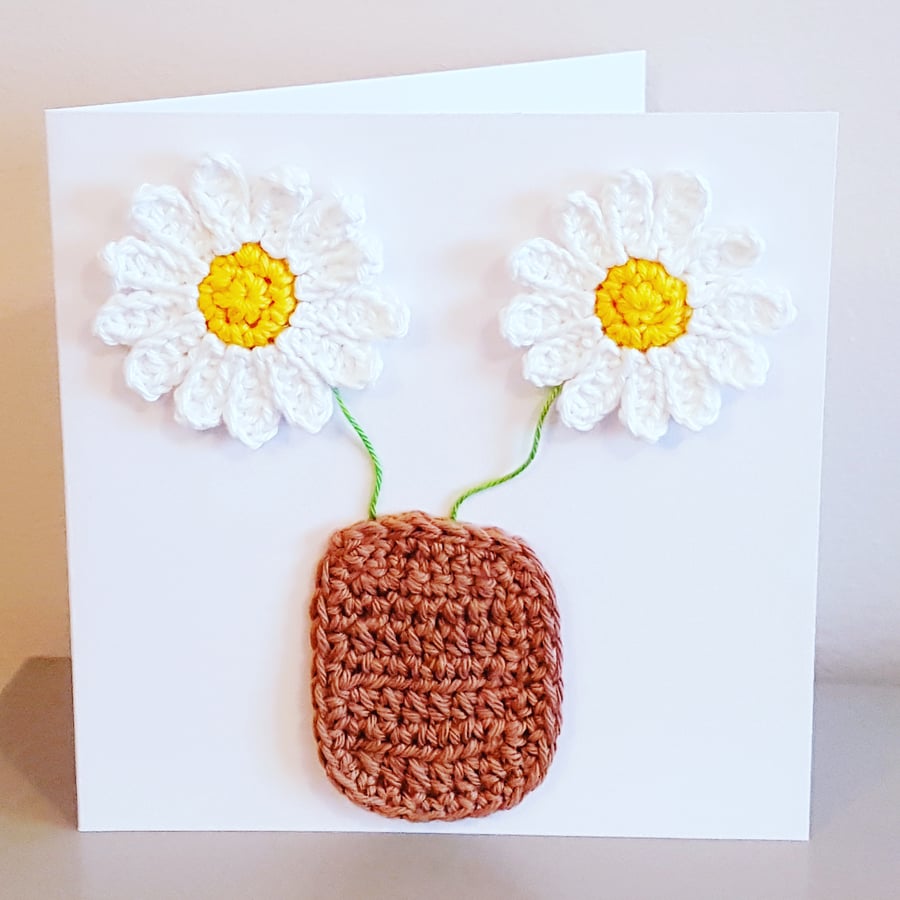 Hand crochet daisies in vase card 