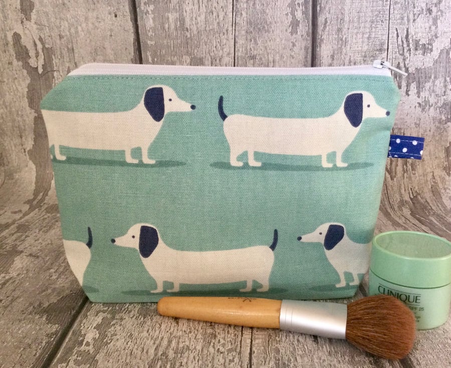 Dachshund Make Up Bag. Dog Handbag Organiser. Sausage Dog Cosmetic Bag. Blue Pen