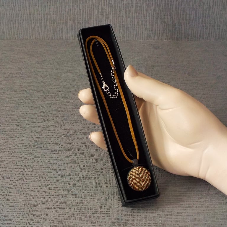 Handmade pendant necklace brown and cream herringbone Harris tweed