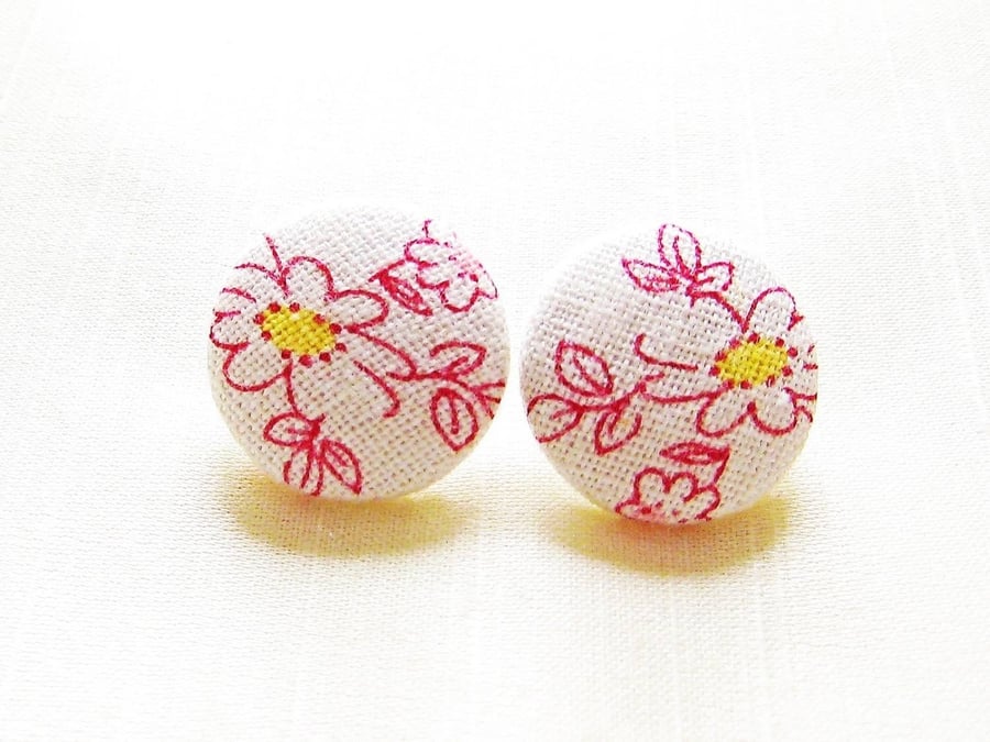 Fabric button daisy earrings. Red pink and yellow on natural linen.