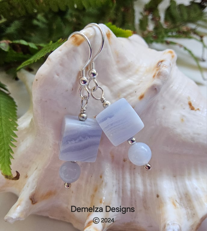Designer Natural Blue Lace Agate Sterling Silver Earrings 