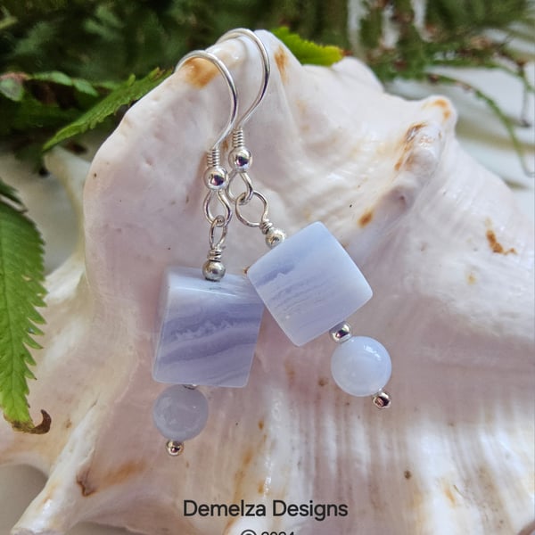 Natural 28.40ct Blue Lace Agate Sterling Silver Earrings 