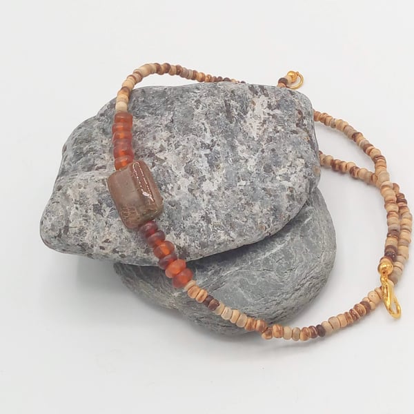 Men's Beaded Jasper Glass & Coconut Fibre Bead Necklace, Men's Beaded Necklace