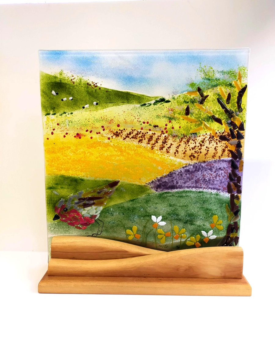 Fused Glass Meadow Art: Robin Landscape on Oak Stand