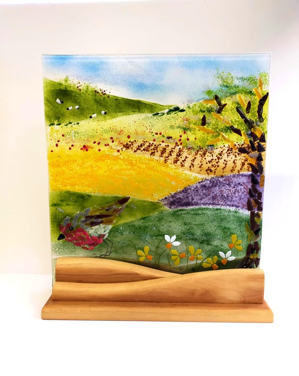 Fused Glass Meadow Art: Robin Landscape on Oak Stand