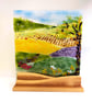 Fused Glass Meadow Art: Robin Landscape on Oak Stand - Image 1