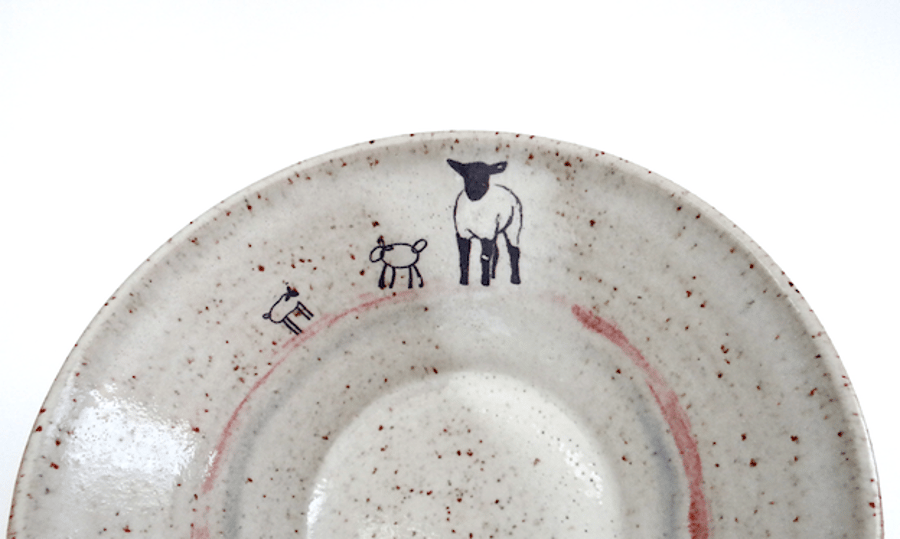 Handmade ceramic breakfast cereal soup bowl with lamb images - stoneware pottery