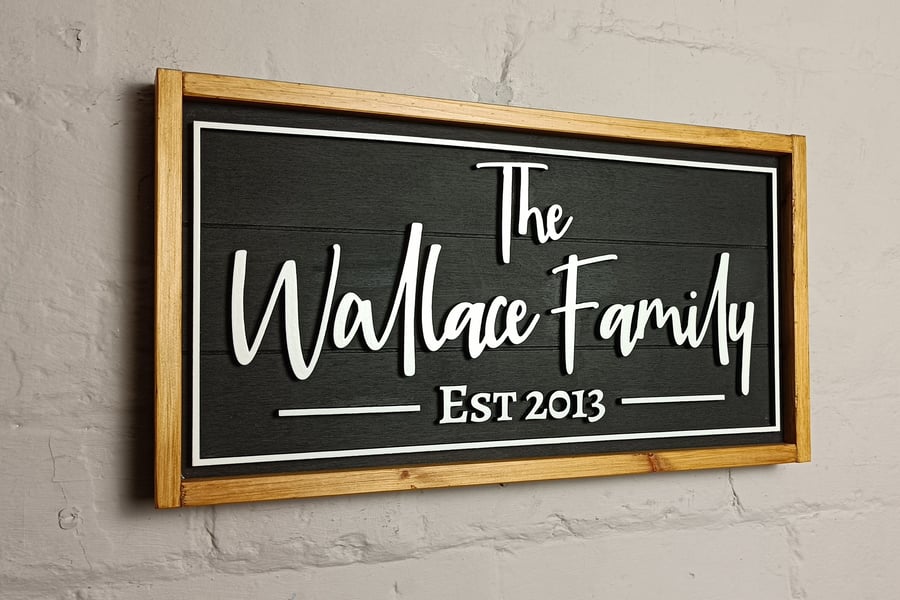 Personalised wooden framed established family sign White on black