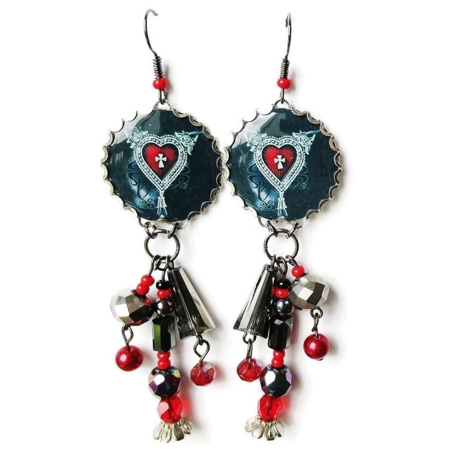 Gothic Earrings Red Heart Goth Victorian Style Beaded Dramatic Jewellery