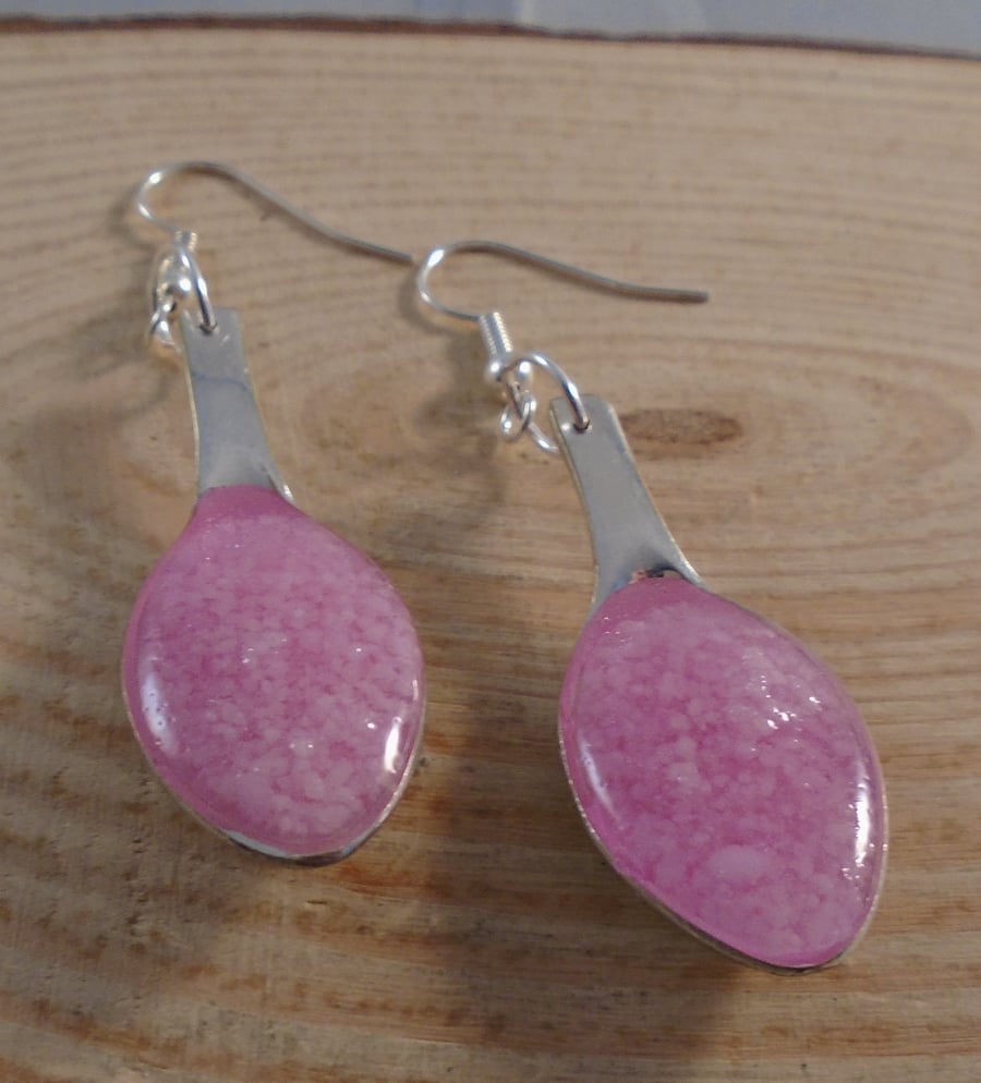 Upcycled Silver Plated Spoon Pink Glow In The Dark Drop Earrings SPE041902